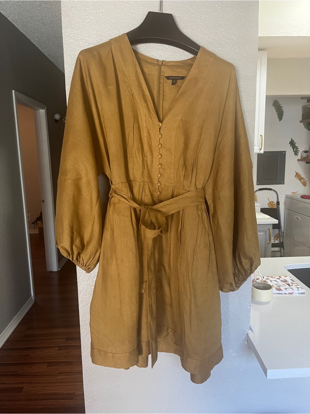 Mustard Tie-Waist V-Neck Dress